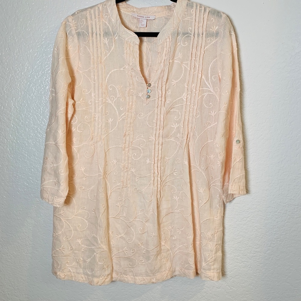 Marina Luna Linen Pop Over Blouse Large Pink Embroidered Roll Tab Sleeves
